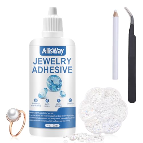Allisway Schmuckkleber Transparent, Schmucksteinkleber, Strasssteine Zum Kleben, Strasssteine Schmuck Reparatur, enthält Pinzette, Weiße Kunstperlen, Trocknet Transparent-100ml von AllisWay