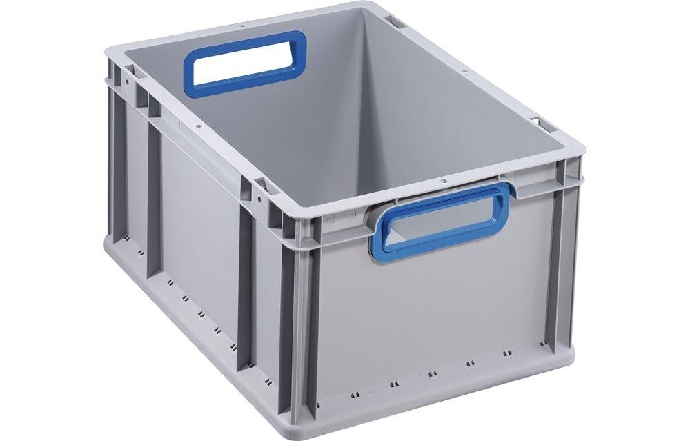 Allit Aufbewahrungsbox Transportstapelbehälter L400xB300xH220mm grau PP offener Griff blau Seitenwände geschlossen von Allit