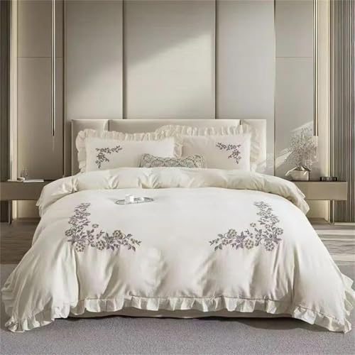 Alloaone Bettwäsche-Set für Doppelbett, Queen-Size-Bett, Baumwoll-Leinen-Mischgewebe, elegante Stickerei, Rüschen, Prinzessin, luxuriös, 4-teiliges Bettwäsche-Set Alloaone Bettwäsche-Set für Doppelbett, Queen-Size-Bett, Baumwoll-Leinen-Mischgewebe, elegante Stickerei, Rüschen, Prinzessin, luxuriös, 4-teiliges Bettwäsche-Set von Alloaone