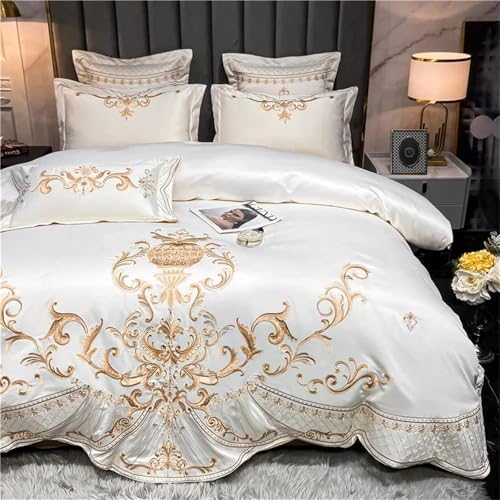 Alloaone Bettwäsche-Set für Queen-Size-Bett, Baumwolle, goldene Stickerei, Heimtextilien, weich, 4-teiliges Bettwäsche-Set mit schickem Leinen Alloaone Bettwäsche-Set für Queen-Size-Bett, Baumwolle, goldene Stickerei, Heimtextilien, weich, 4-teiliges Bettwäsche-Set mit schickem Leinen von Alloaone