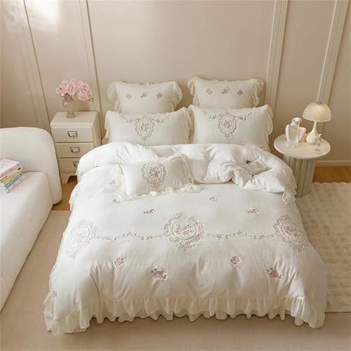 Alloaone Bettwäsche-Set für Queen-Size-Bett, koreanischer Prinzessinnen-Stil, 4-teilig, Rosen-Blumen-Stickerei, mit Spitzenrüschen, Milch-Fleece-Bettbezug und Bettlaken Alloaone Bettwäsche-Set für Queen-Size-Bett, koreanischer Prinzessinnen-Stil, 4-teilig, Rosen-Blumen-Stickerei, mit Spitzenrüschen, Milch-Fleece-Bettbezug und Bettlaken von Alloaone