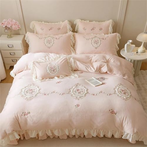 Alloaone Bettwäsche-Set für Queen-Size-Bett, koreanischer Prinzessinnen-Stil, 4-teilig, Rosenblumen-Stickerei mit Spitzenrüschen, Milch-Fleece-Bettbezug und Bettlaken Alloaone Bettwäsche-Set für Queen-Size-Bett, koreanischer Prinzessinnen-Stil, 4-teilig, Rosenblumen-Stickerei mit Spitzenrüschen, Milch-Fleece-Bettbezug und Bettlaken von Alloaone