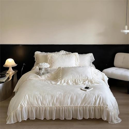 Alloaone Bettwäsche-Set für Queen-Size-Bett, luxuriös, strukturiertes Satin, Baumwolle, Chiffon, Spitze, Prinzessin, 4-teilig, Fadenzahl 500, plissiert, Bettbezug Alloaone Bettwäsche-Set für Queen-Size-Bett, luxuriös, strukturiertes Satin, Baumwolle, Chiffon, Spitze, Prinzessin, 4-teilig, Fadenzahl 500, plissiert, Bettbezug von Alloaone