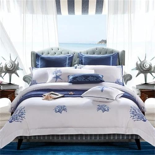Alloaone Bettwäscheset für Queen-Size-Bett, schickes blaues Korallenmuster, Stickerei, luxuriöse weiße Baumwolle, 6-teilig, Fadenzahl 600, Bettbezug-Set mit Bettlaken Alloaone Bettwäscheset für Queen-Size-Bett, schickes blaues Korallenmuster, Stickerei, luxuriöse weiße Baumwolle, 6-teilig, Fadenzahl 600, Bettbezug-Set mit Bettlaken von Alloaone