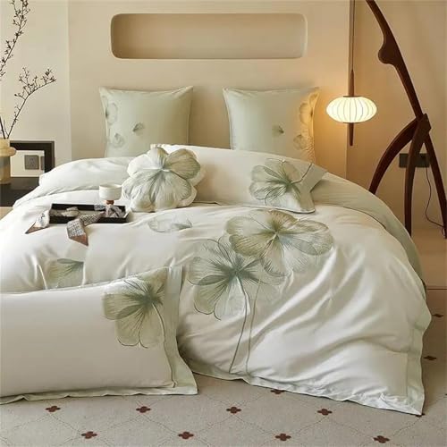 Alloaone Queen-Size, 4-teiliges Bettwäsche-Set mit orientalischer Lotusblumen-Stickerei, Premium-Langstapel-Baumwoll-Bettbezug mit Fadenzahl 600 Alloaone Queen-Size, 4-teiliges Bettwäsche-Set mit orientalischer Lotusblumen-Stickerei, Premium-Langstapel-Baumwoll-Bettbezug mit Fadenzahl 600 von Alloaone