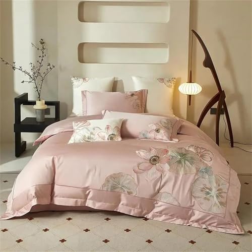 Alloaone Queen-Size, 4-teiliges Bettwäsche-Set mit orientalischer Lotusblumen-Stickerei, Premium-Langstapel-Baumwoll-Bettbezug mit Fadenzahl 600 von Alloaone