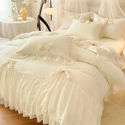 Bettwäsche-Set für Doppelbett, Queen-Size-Bett, 4-teilig, mit Rüschen, gewaschener Mikrofaser, Bettbezug oder Spannbetttuch und Kissenbezügen, Weiß Bettwäsche-Set für Doppelbett, Queen-Size-Bett, 4-teilig, mit Rüschen, gewaschener Mikrofaser, Bettbezug oder Spannbetttuch und Kissenbezügen, Weiß von Alloaone