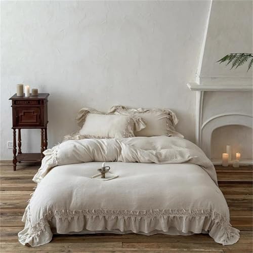Bettwäsche-Set für Doppelbett, Queen-Size-Bett, Leinen-Baumwoll-Mischgewebe, 4-teilig, Vintage-inspiriert, strukturiertes Gewebe mit hohlen Spitzen-Rüschen, inklusive Bettbezug und Bettlaken-Set Bettwäsche-Set für Doppelbett, Queen-Size-Bett, Leinen-Baumwoll-Mischgewebe, 4-teilig, Vintage-inspiriert, strukturiertes Gewebe mit hohlen Spitzen-Rüschen, inklusive Bettbezug und Bettlaken-Set von Alloaone