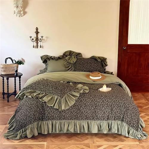 Bettwäsche-Set für Doppelbett, Queen-Size-Bett, einfarbig, Baumwolle, Vintage-Stil, ländlicher Stil, 4-teilig, mit schwarzen Blumen, Rüschenrand, Bettbezug, elastisches Spannbetttuch und Kissenbezüge Bettwäsche-Set für Doppelbett, Queen-Size-Bett, einfarbig, Baumwolle, Vintage-Stil, ländlicher Stil, 4-teilig, mit schwarzen Blumen, Rüschenrand, Bettbezug, elastisches Spannbetttuch und Kissenbezüge von Alloaone