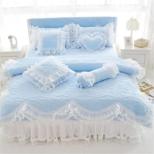 Bettwäsche-Set für Doppelbett, Queen-Size-Bett, einfarbig, Baumwolle, dick, gesteppt, mit Spitzenrüschen, Bettrock für Mädchen, rosa Prinzessinnen-Bettwäsche-Set und Kissenbezüge Bettwäsche-Set für Doppelbett, Queen-Size-Bett, einfarbig, Baumwolle, dick, gesteppt, mit Spitzenrüschen, Bettrock für Mädchen, rosa Prinzessinnen-Bettwäsche-Set und Kissenbezüge von Alloaone
