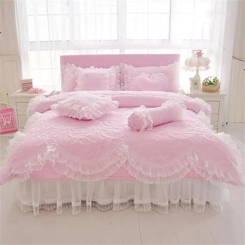 Bettwäsche-Set für Doppelbett, Queen-Size-Bett, einfarbig, Baumwolle, dick, gesteppt, mit Spitzenrüschen, Bettrock für Mädchen, rosa Prinzessinnen-Bettwäsche-Set und Kissenbezüge Bettwäsche-Set für Doppelbett, Queen-Size-Bett, einfarbig, Baumwolle, dick, gesteppt, mit Spitzenrüschen, Bettrock für Mädchen, rosa Prinzessinnen-Bettwäsche-Set und Kissenbezüge von Alloaone