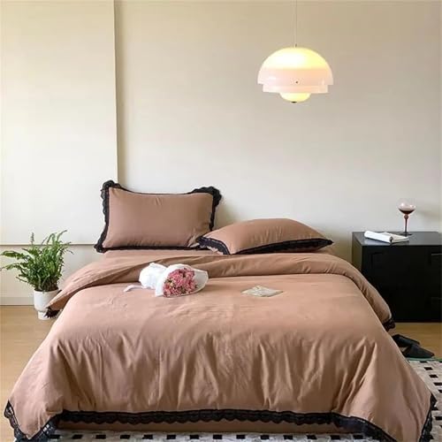 Bettwäsche-Set für Doppelbett, Queen-Size-Bett, einfarbig, Baumwolle, französischer Romantik schick, schwarze Spitze, Rüschenrand, Bettbezug und Kissenbezüge in Lila, Rosa, Braun Bettwäsche-Set für Doppelbett, Queen-Size-Bett, einfarbig, Baumwolle, französischer Romantik schick, schwarze Spitze, Rüschenrand, Bettbezug und Kissenbezüge in Lila, Rosa, Braun von Alloaone