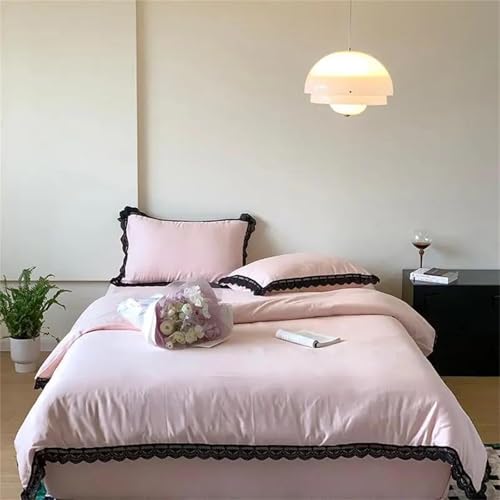 Bettwäsche-Set für Doppelbett, Queen-Size-Bett, einfarbig, Baumwolle, französischer Romantik schick, schwarze Spitze, Rüschenrand, Bettbezug und Kissenbezüge in Lila, Rosa, Braun Bettwäsche-Set für Doppelbett, Queen-Size-Bett, einfarbig, Baumwolle, französischer Romantik schick, schwarze Spitze, Rüschenrand, Bettbezug und Kissenbezüge in Lila, Rosa, Braun von Alloaone