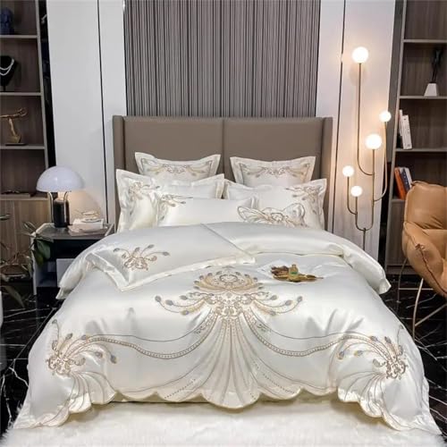 Bettwäsche-Set für Queen-Size-Betten mit goldener Phönix-Feder-Stickerei, luxuriöses blaues Satin-Baumwoll-Bettwäsche-Set, 4-teilig, Bettbezug und Kissenbezug von Alloaone