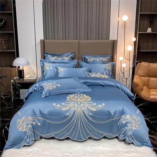 Bettwäsche-Set für Queen-Size-Betten mit goldener Phönix-Feder-Stickerei, luxuriöses blaues Satin-Baumwolle, 4-teiliges Bettbezug-Set, Spannbetttuch und Kissenbezug Bettwäsche-Set für Queen-Size-Betten mit goldener Phönix-Feder-Stickerei, luxuriöses blaues Satin-Baumwolle, 4-teiliges Bettbezug-Set, Spannbetttuch und Kissenbezug von Alloaone
