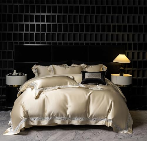 Luxuriöses Bettwäsche-Set aus Brokat-Baumwolle für Queen-Size-Betten mit ausgehöhlter Spitze, 4-teilig, Fadenzahl 400, gesteppter Bettbezug, Leinen-Spannbetttuch und Kissenbezüge von Alloaone
