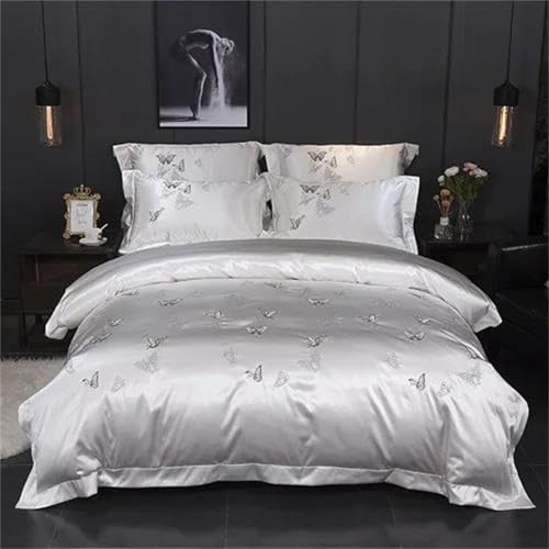 Luxus-Bettwäsche-Set für Queen-Size-Bett, Seide, Baumwolle, 4-teilig, mit Stickerei, Bettbezug, Bettlaken und Kissenbezüge, in Silbergrau, 9, Weiß, Rosa, Blau Luxus-Bettwäsche-Set für Queen-Size-Bett, Seide, Baumwolle, 4-teilig, mit Stickerei, Bettbezug, Bettlaken und Kissenbezüge, in Silbergrau, 9, Weiß, Rosa, Blau von Alloaone