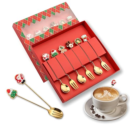 6 Stück Weihnachtsbesteck Set, Weihnachtslöffel Set, Edelstahl Weihnachtskaffeelöffel und Weihnachtsgabeln für Dessert Kaffee Weihnachtsdekoration, Weihnachtsbesteck Geschenkbox (Rot) von Allony