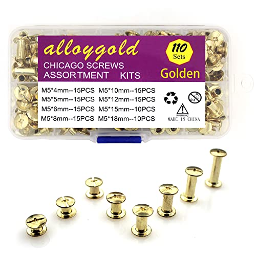 Alloygold 110 Sets of 8 Sizes Chicago Binding Screws Combination Set of Rivets Chicago Button DIY Leather Trim Binding Round Head Stud Screws (M5*4,5,6,8,10,12,15,18) (Gold) von Alloygold