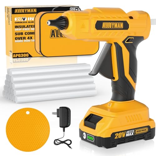 Alloyman 20V MAX Akku Heißklebepistole, Akku Klebepistole, tropffreies und schnell aufheizendes, mit LED Licht und 20 Stück großen Klebesticks, für Bastelarbeiten, Kunstprojekte und DIY-Geschenke von Alloyman