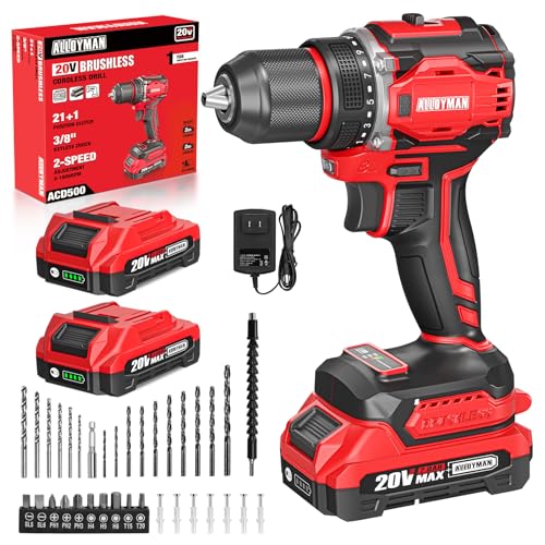 Alloyman 20V MAX Akkubohrschrauber, bürstenloser Motor, 1800 U/min, Max 60 Nm Drehmoment, 3/8" schlüsselloses Metallfutter, 21+1 Drehmomentstufen, Akkubohrer Set für Beton, Metall und Holz Alloyman 20V MAX Akkubohrschrauber, bürstenloser Motor, 1800 U/min, Max 60 Nm Drehmoment, 3/8" schlüsselloses Metallfutter, 21+1 Drehmomentstufen, Akkubohrer Set für Beton, Metall und Holz von Alloyman
