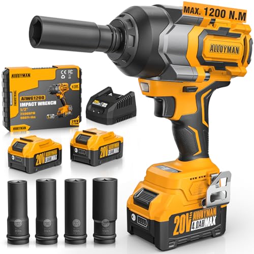 Alloyman MAX Akku Schlagschrauber 1200Nm, 20V 1/2" Schlagschrauber mit bürstenlosem Motor, 2×4,0Ah Akkus, 2400 U/min, variable Geschwindigkeiten für Familienauto/Rasenmäher von Alloyman