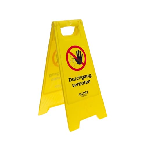 Allpax STOPPO Warnschild „Durchgang verboten“, klappbar, 29,5 x 61 cm, auffälliger Hinweis-Aufsteller mit beidseitigem Aufdruck, Hinweisschild, Gefahrhinweis, gelb von Allpax