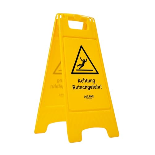 Allpax STOPPO Warnschild „Achtung Rutschgefahr“, klappbar, 30 x 62,5 cm, auffälliger Hinweis-Aufsteller mit beidseitigem Aufdruck, Hinweisschild, Gefahrhinweis, gelb von Allpax