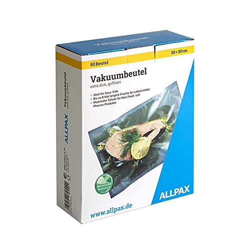 Allpax Vakuumierfolie im Karton, 20 x 30 cm, 50 Stück, extra dick, mit Prägung - Gastroqualität - Sous Vide geeignet - extrem reißfest - Material: PA/PE, Stärke: 150 µm von Allpax