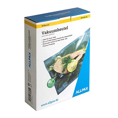 Einschweißbeutel im Karton, 30 x 40 cm, 50 Stück, extra dick, mit Prägung - Goffriert, PA/PE, Stärke: 150 µm - passend für alle Vakuumierer - praktische Aufbewahrung im Karton Einschweißbeutel im Karton, 30 x 40 cm, 50 Stück, extra dick, mit Prägung - Goffriert, PA/PE, Stärke: 150 µm - passend für alle Vakuumierer - praktische Aufbewahrung im Karton von Allpax
