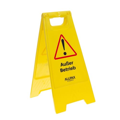 Allpax STOPPO Warnschild „Außer Betrieb“, klappbar, 29,5 x 61 cm, auffälliger Hinweis-Aufsteller mit beidseitigem Aufdruck, Hinweisschild, Gefahrhinweis, gelb von Allpax