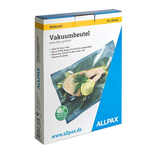 Allpax Vakuumbeutel im Karton, 15 x 20 cm, 50 Stück, extra dick, mit Prägung - goffriert für alle kammerlosen Vakuumierer - Lebensmittelecht von Allpax