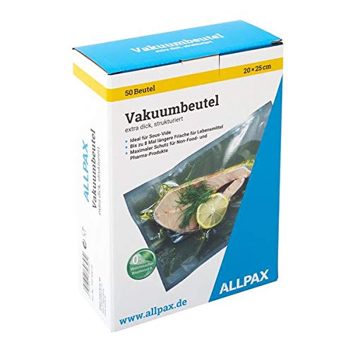 Allpax Vakuumbeutel im Karton, 20 x 25 cm, 50 Stück, extra dicke Kunststoffbeutel, mit Prägung - goffriert für alle kammerlosen Vakuumierer – Lebensmittelecht - Materialstärke 150 µm von Allpax