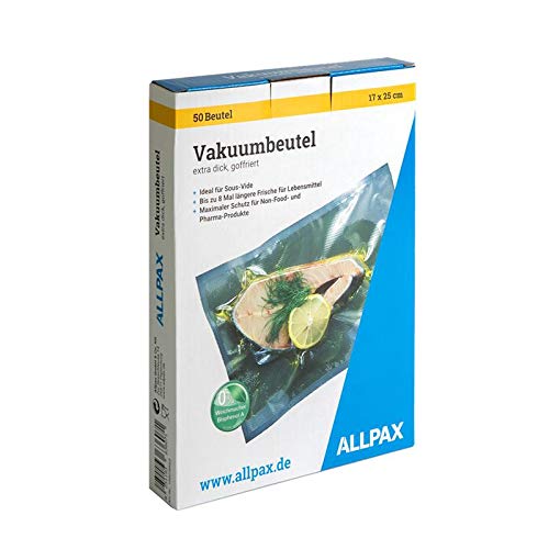 Allpax Vakuumbeutel im Karton, 17 x 25 cm, 50 Stück, extra dicke Kunststoffbeutel, mit Prägung - goffriert für alle kammerlosen Vakuumierer – Lebensmittelecht - Materialstärke 150 µm von Allpax
