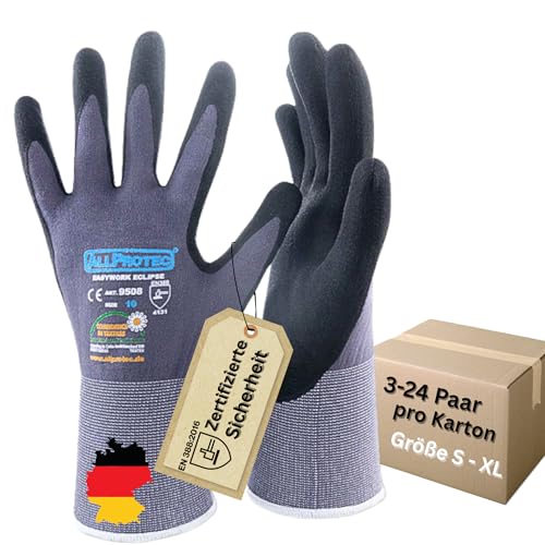 Allprotect Arbeitshandschuhe Herren, Mechaniker-Montagehandschuhe, Wasserdichte Schutzhandschuhe, Werkstatt-Handschuhe, Robust, Atmungsaktiv, Nylon-Nitril-Beschichtung, Größe 7-10, 3-24 Paar von Allprotec