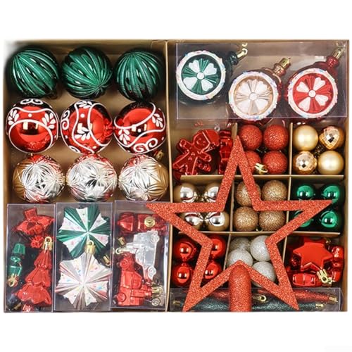 100-teiliges Weihnachtskugel-Ornament-Set mit modernen bemalten Mustern und leichtem Kunststoff für Urlaubsdekoration und festliche Zusammenkünfte (rot, grün, braun) von Allthingstore