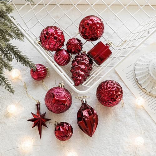 12-teiliges Weihnachtskugel-Ornament-Set mit galvanisiertem achteckigem Stern und Tannenzapfen-Design für Urlaubsdekoration (rot) von Allthingstore