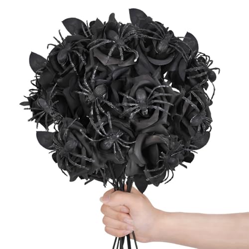 Allthingstore 10 Stück Halloween Spinnen Rosen Künstlicher Blumenstrauß Schwarz Orange Rot Lila Gothic Dekorationen für Party Home Office 38 cm (schwarz) von Allthingstore