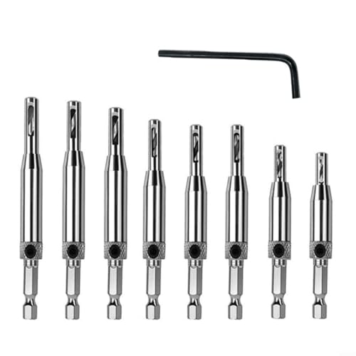 Allthingstore 8-teiliges selbstzentrierendes Scharnier-Bohrer-Set mit Sechskantschlüssel für Tür und Schrank, Pilotlöcher, Hochgeschwindigkeitsstahl, HSS, Sechskant-Nut-Design von Allthingstore