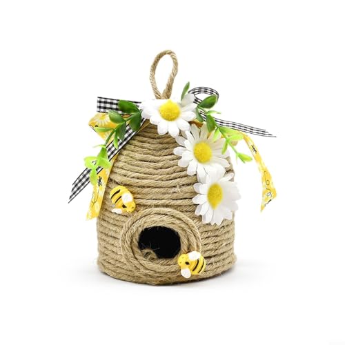 Allthingstore Rustikales Hanfseil Bienenstock Ornament mit Holzbienen Stil Gartendekoration für gestufte Tabletts (A und A) von Allthingstore