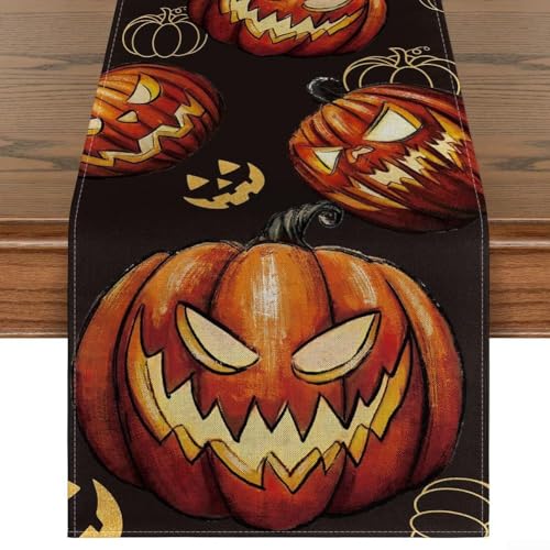 Tischläufer Halloween Deko mit Kürbis und Totenkopf Mustern, geeignet für Esstisch und Wandbehang (H) von Allthingstore