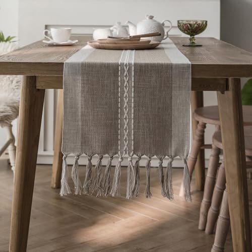 Tischläufer aus Polyester mit gestreiftem Design und Quasten, verschönern Ihren Essbereich (1 Linie Kaffee) von Allthingstore