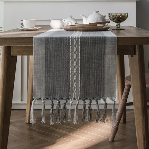 Tischläufer aus Polyester mit gestreiftem Design und Quasten, verschönern Ihren Essbereich (1 Linie grau) von Allthingstore