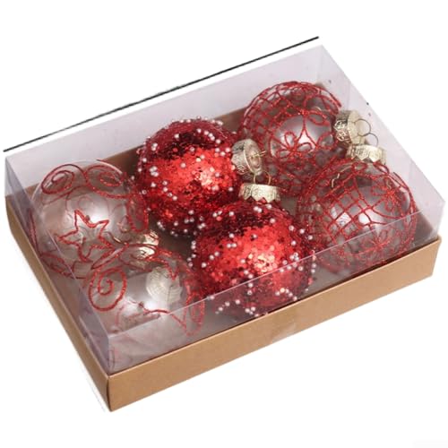 Weihnachtskugel-Ornament-Set, 6 Stück, 8 cm, Kunststoffkugeln für Champagner-Stil, Urlaubsdekorationen, mit handbemaltem Design, geeignet für Baum- und Tischdekorationen (rot) von Allthingstore