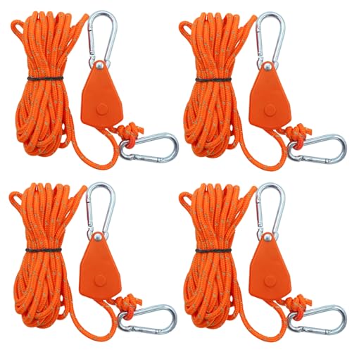 4 Stück Verstellbarer Seil Ratsche, Abspannseile mit Seilspanner, Alluring Ratchet Hanger, Reflektierend Leichte Abspannleine Zeltschnur mit Haken für Campingzelte, Markisen (Orange, 4mm*4M) von Alluring