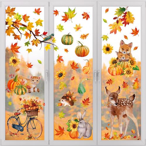 9 Blatt Herbst Fensterbilder Selbstklebend, Alluring Thanksgiving-Herbst-Deko, Herbstdeko Fenster Aufkleber, Blätter Fenster Doppelseitig für Kinderzimmer Cafe Buchhandlung Party 20x 30cm von Alluring