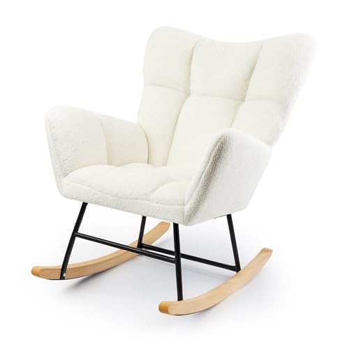 Allyson® Schaukelstuhl Relaxsessel mit Liegefunktion, Flauschiger Lesesessel & Stillsessel, Schaukelsessel mit Armlehnen aus Holz, bis 150 kg belastbar, ideal für Wohnzimmer, Garten & Balkon - Beige von Allyson