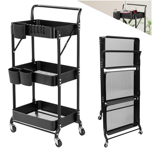Allyson® Servierwagen mit Rollen & 3 Etagen – Rollwagen mit Haken & Korbeinsätzen – Küchenwagen aus Metall – Servierwagen für Bad, Küche & Haushalt – Platzsparendes Schmales Nischenregal - Schwarz von Allyson