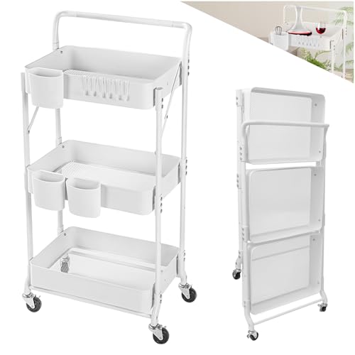 Allyson® Servierwagen mit Rollen & 3 Etagen – Rollwagen mit Haken & Korbeinsätzen – Küchenwagen aus Metall – Servierwagen für Bad, Küche & Haushalt – Platzsparendes Schmales Nischenregal - Weiß von Allyson