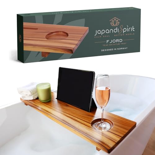 Superior Badewannentisch Tablett für kleine Wannen – verstellbares Badewannentablett aus Holz – nachhaltiges, minimalistisches Teak-Badewannenregal für die Badewanne – rutschfeste von JapandiSpirit